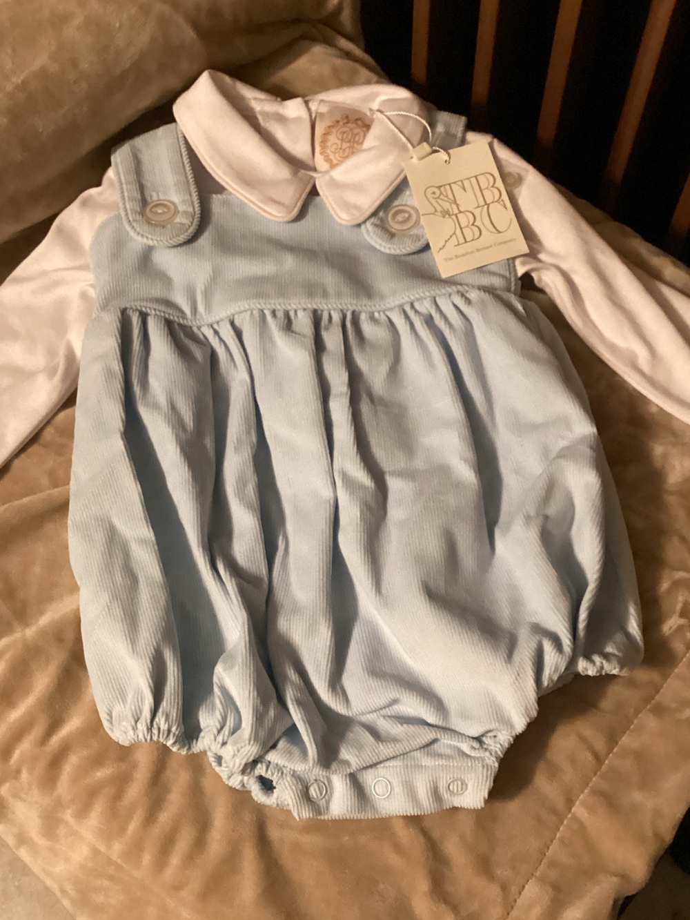 The Beaufort Bonnet Company Light Blue and White Baby Bubble Romper